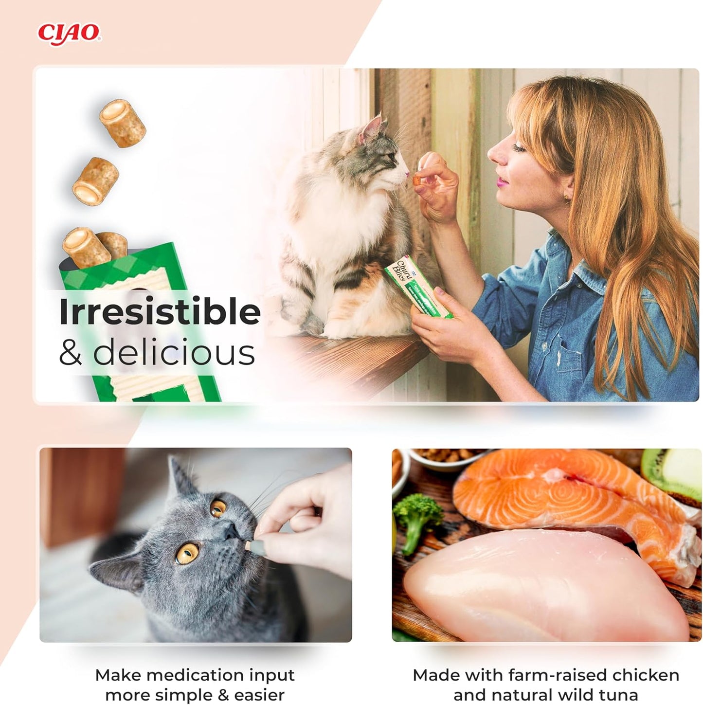 Ciao Churu Bites 3 Pack Cat Treat - Chicken Recipe Wraps Tuna with Salmon Recipe - 3 x 10g