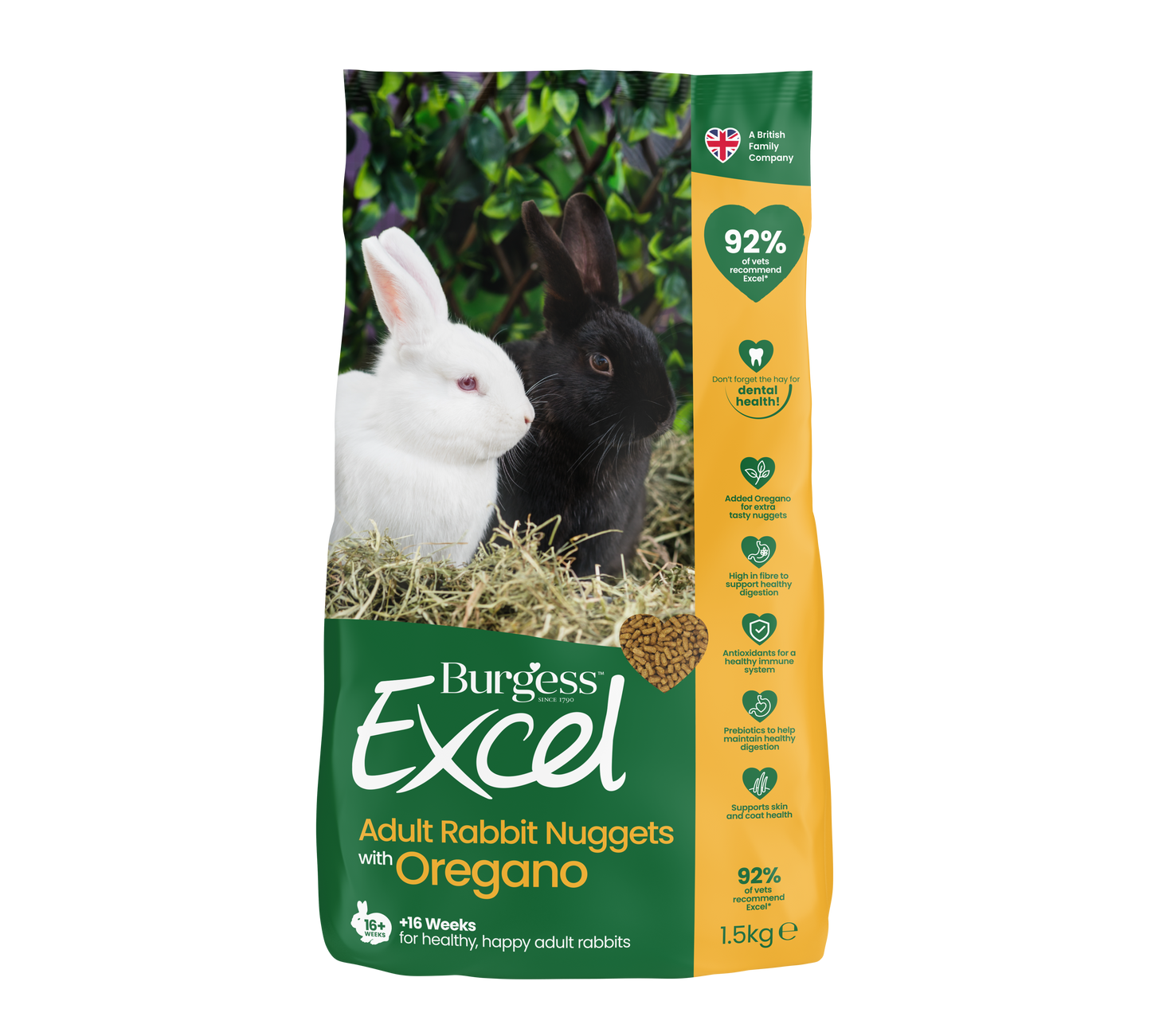 Front View of Burgess Excel Adult Rabbit Nuggets - Oregano - 1.5kg