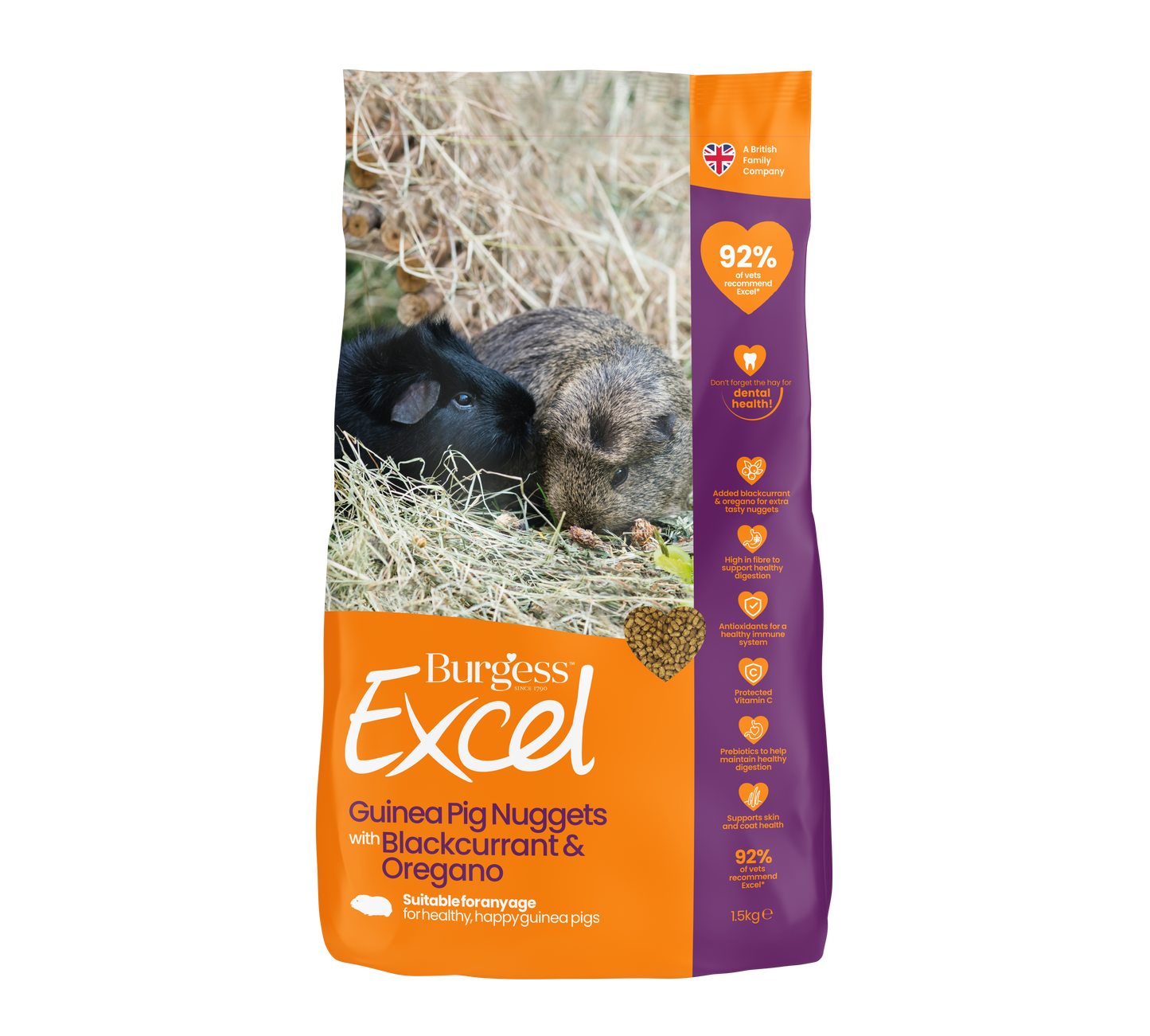 Front View of Burgess Excel Guinea Pig Nuggets - Blackcurrant & Oregano - 1.5kg