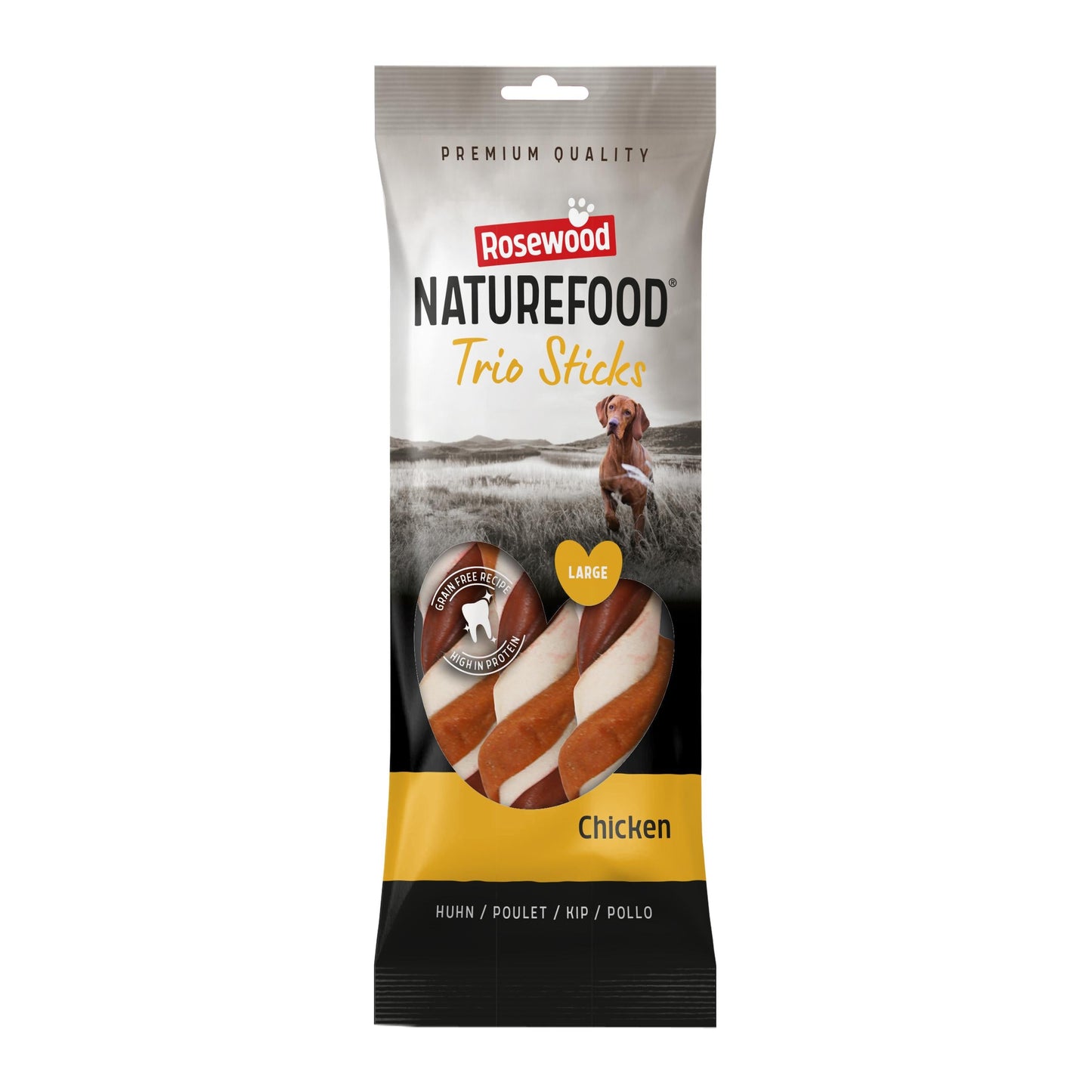 Front View of Naturefood Trio Sticks Large Breed Dog Treats - Chicken