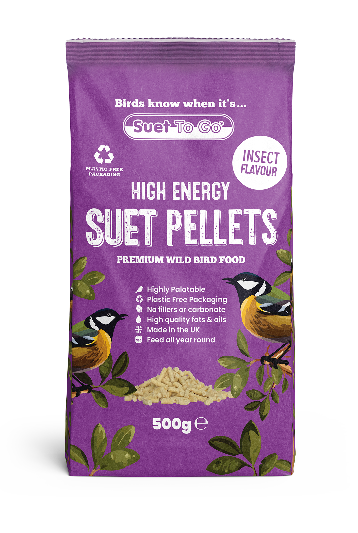 Front View of Suet to Go Suet Pellets Wild Bird Food - Insect - 500g