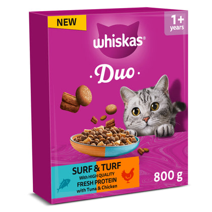 WHISKAS 1+ Complete Duo Surf & Turf Dry Cat Food with Tuna & Chicken