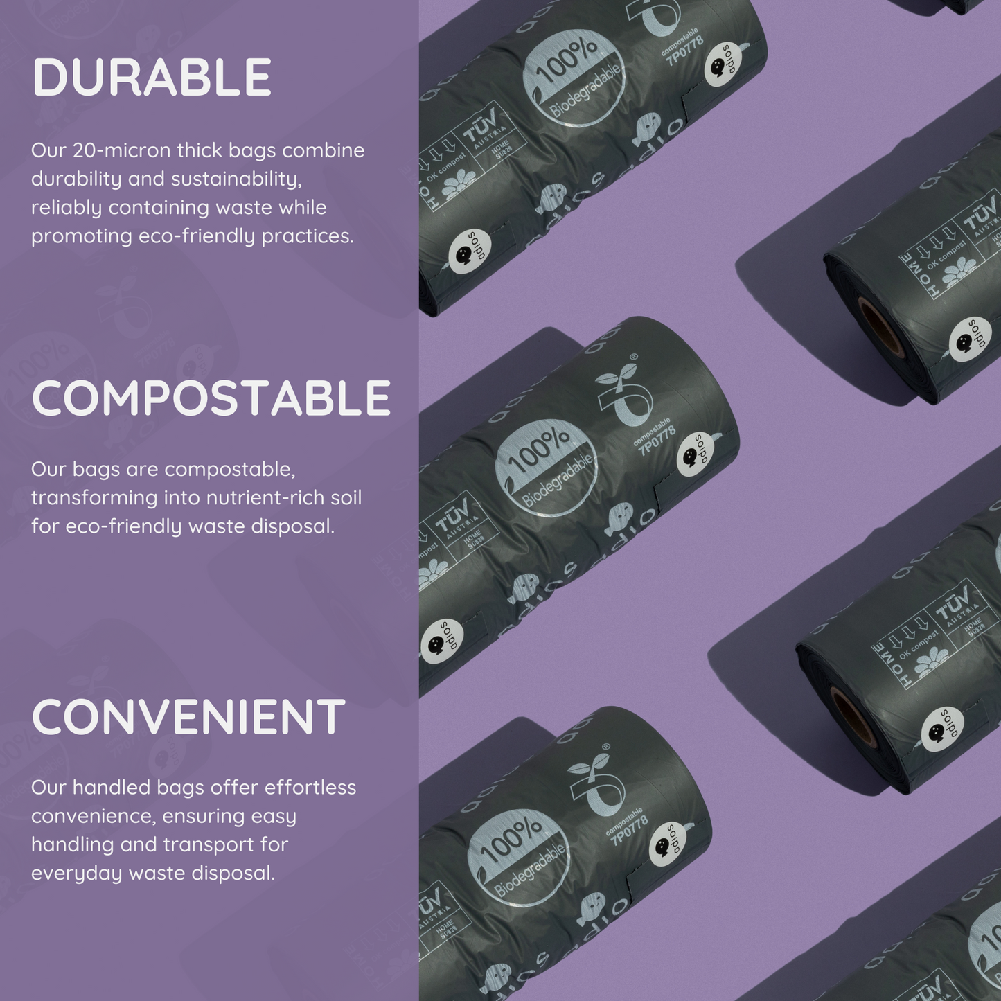 Adios Plastic Compostable Jumbo Handle Bag on a Roll Dispencer Grey Poo Bags - Large