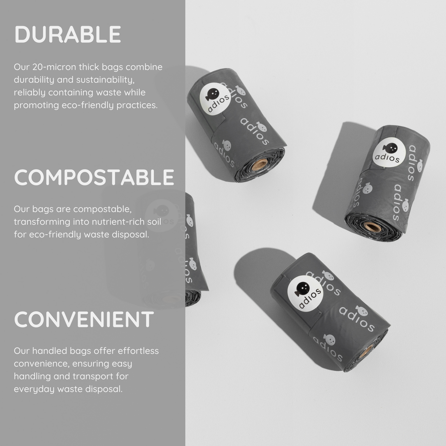 Adios Plastic Compostable Handle on a Roll Grey Poo Bags