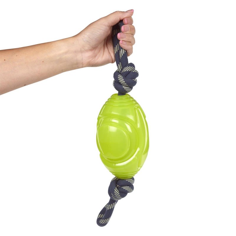 Petface Outdoor Paws Glow in the Dark Rugby Ball with Rope Dog Toy