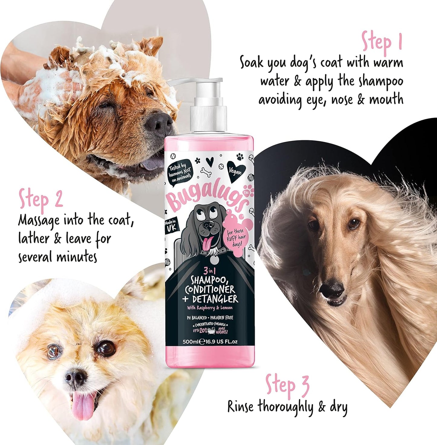 Bugalugs 3 in 1 Dog Shampoo, Conditioner & Detangler with Raspberry & Lemon