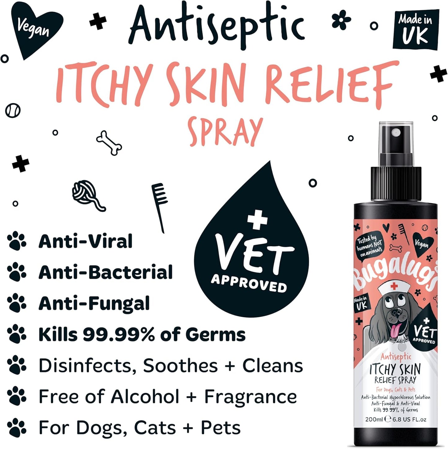 Bugalugs Antiseptic Itchy Skin Relief Spray for Dogs, Cats & Pets