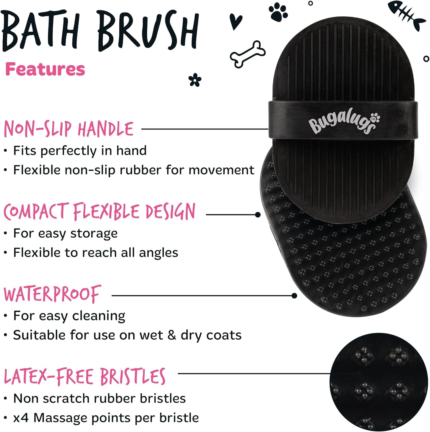 Bugalugs Wet & Dry Bath Brush for Dogs & Cats - Black