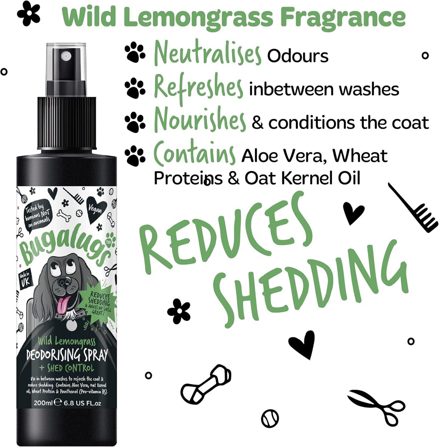Bugalugs Wild Lemongrass Dog Deodorising Spray with Shed Control