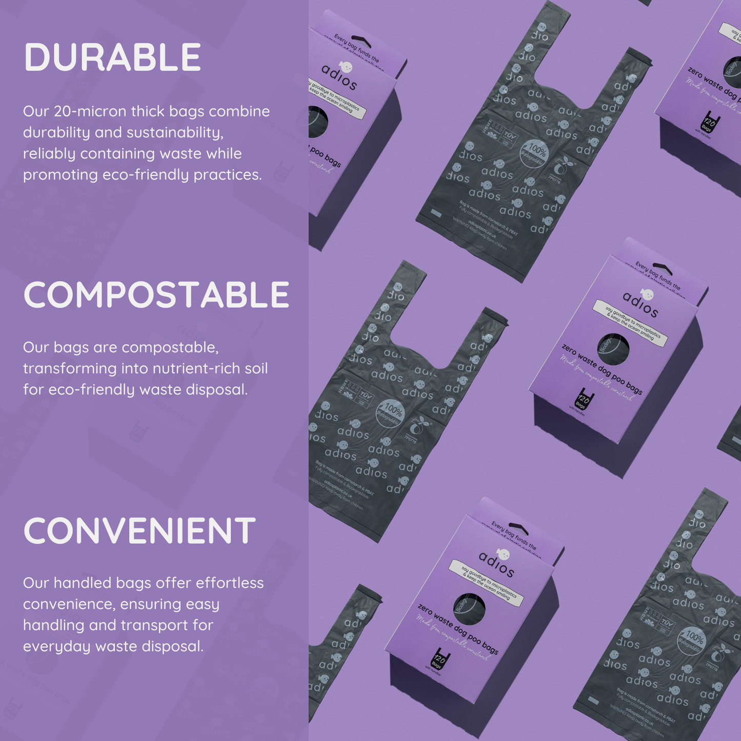 Adios Plastic Zero Waste Dog Poo Bags with Handles - Black