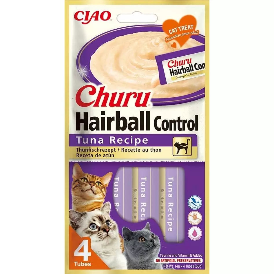 Front View of Ciao Churu Hairball Control 4 Pack Cat Treat - Tuna Recipe - 4 x 14g