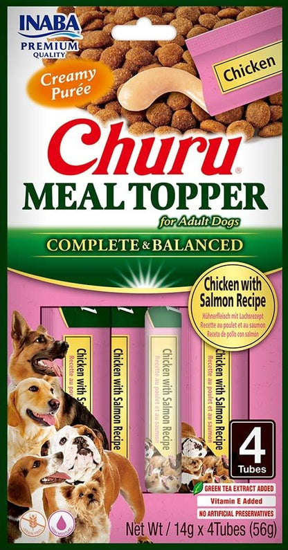 Front View of Ciao Churu Meal Topper for Adult Dogs - Chicken with Salmon Recipe - 4 x 14g