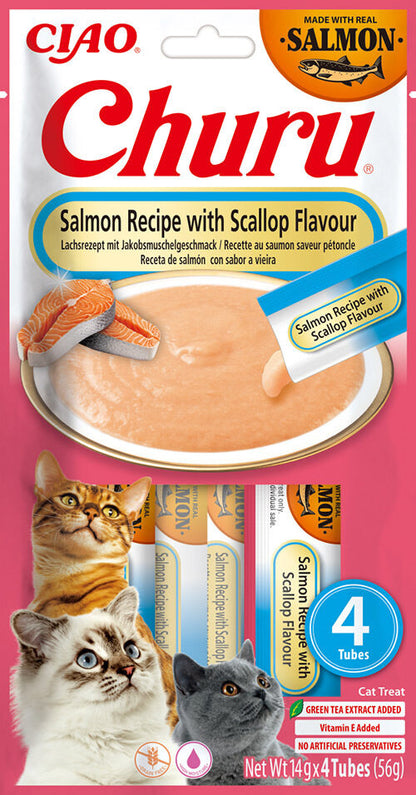 Front View of Ciao Churu 4 Pack Cat Treat - Salmon Recipe with Scallop Flavour - 4 x 14g