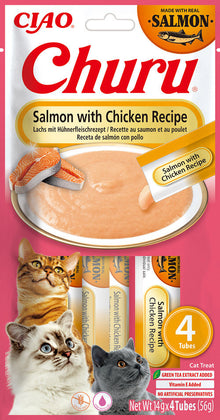 Front View of Ciao Churu 4 Pack Cat Treat - Salmon with Chicken Recipe - 4 x 14g