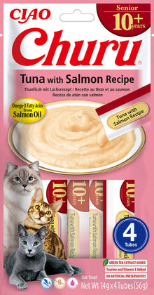 Front View of Ciao Churu 4 Pack Senior Cat Treat - Tuna with Salmon Recipe - 4 x 14g
