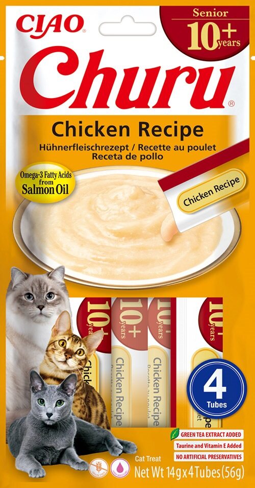 Front View of Ciao Churu 4 Pack Senior Cat Treat - Chicken Recipe - 4 x 14g