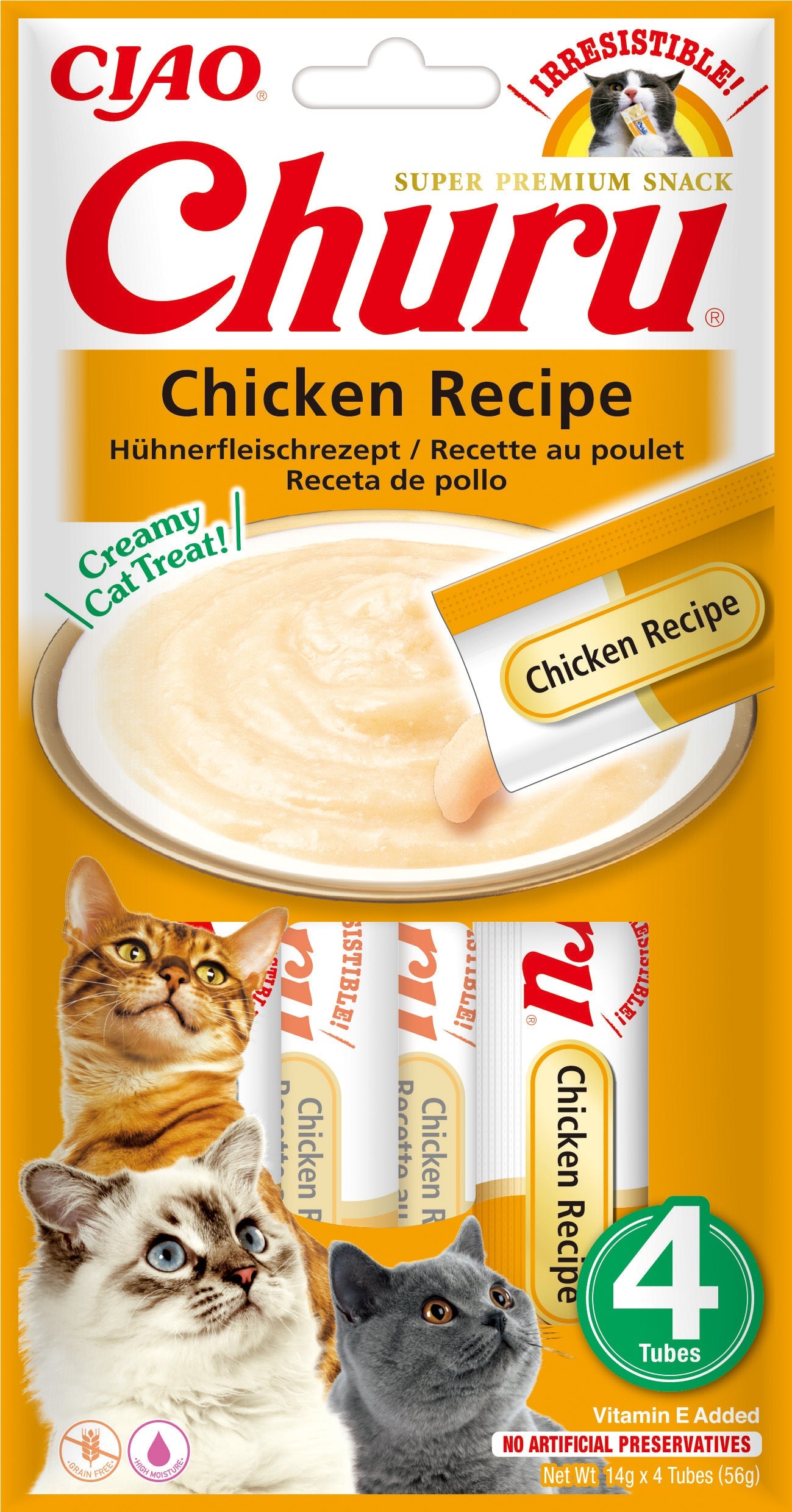 Front View of Ciao Churu 4 Pack Cat Treat - Chicken Recipe - 4 x 14g
