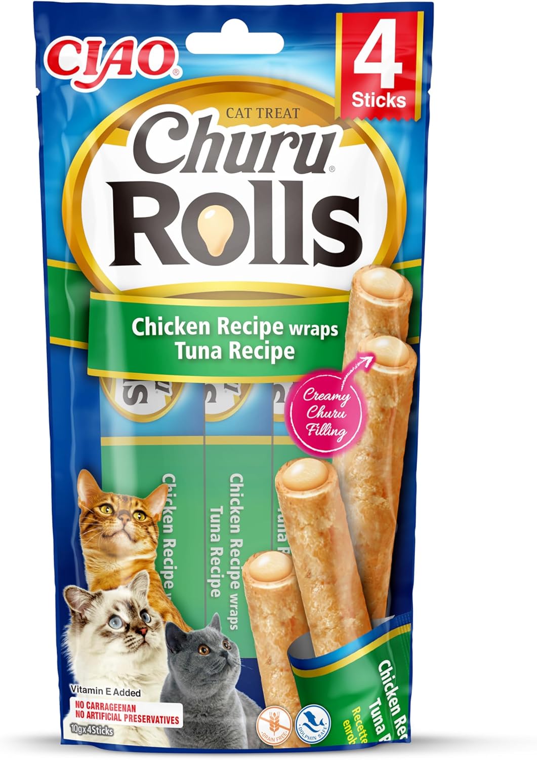 Front View of Ciao Churu Rolls 4 Pack Cat Treat - Chicken Recipe Wraps Tuna Recipe - 4 x 10g