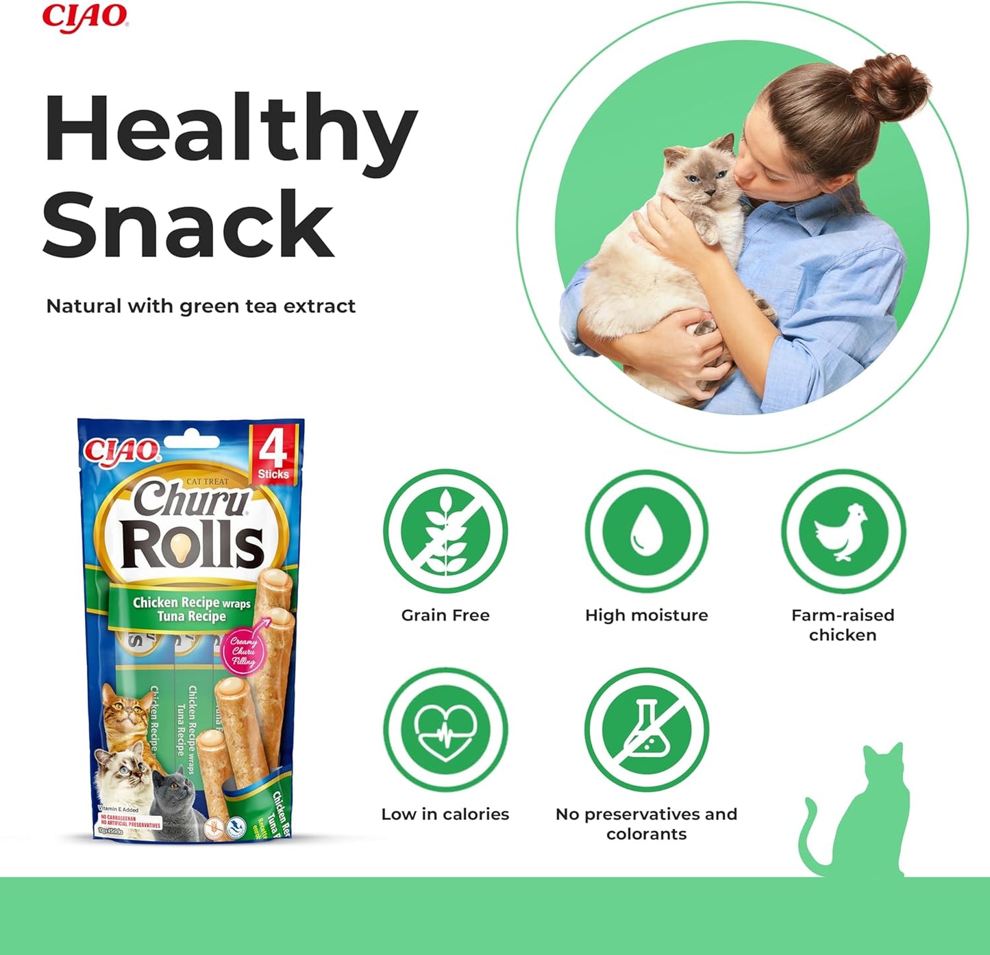 Ciao Churu Rolls 4 Pack Cat Treat - Chicken Recipe Wraps Tuna Recipe - 4 x 10g