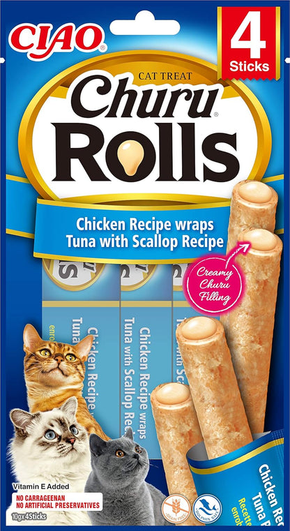 Front View of Ciao Churu Rolls 4 Pack Cat Treat - Chicken Recipe Wraps Tuna with Scallop Recipe - 4 x 10g