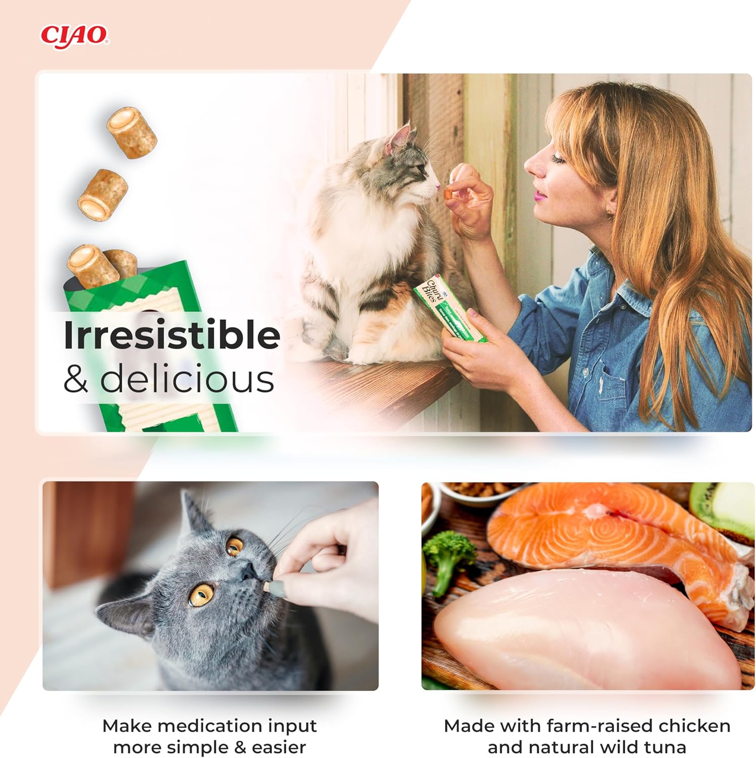 Ciao Churu Bites 3 Pack Cat Treat - Chicken Recipe Wraps Tuna with Salmon Recipe - 3 x 10g