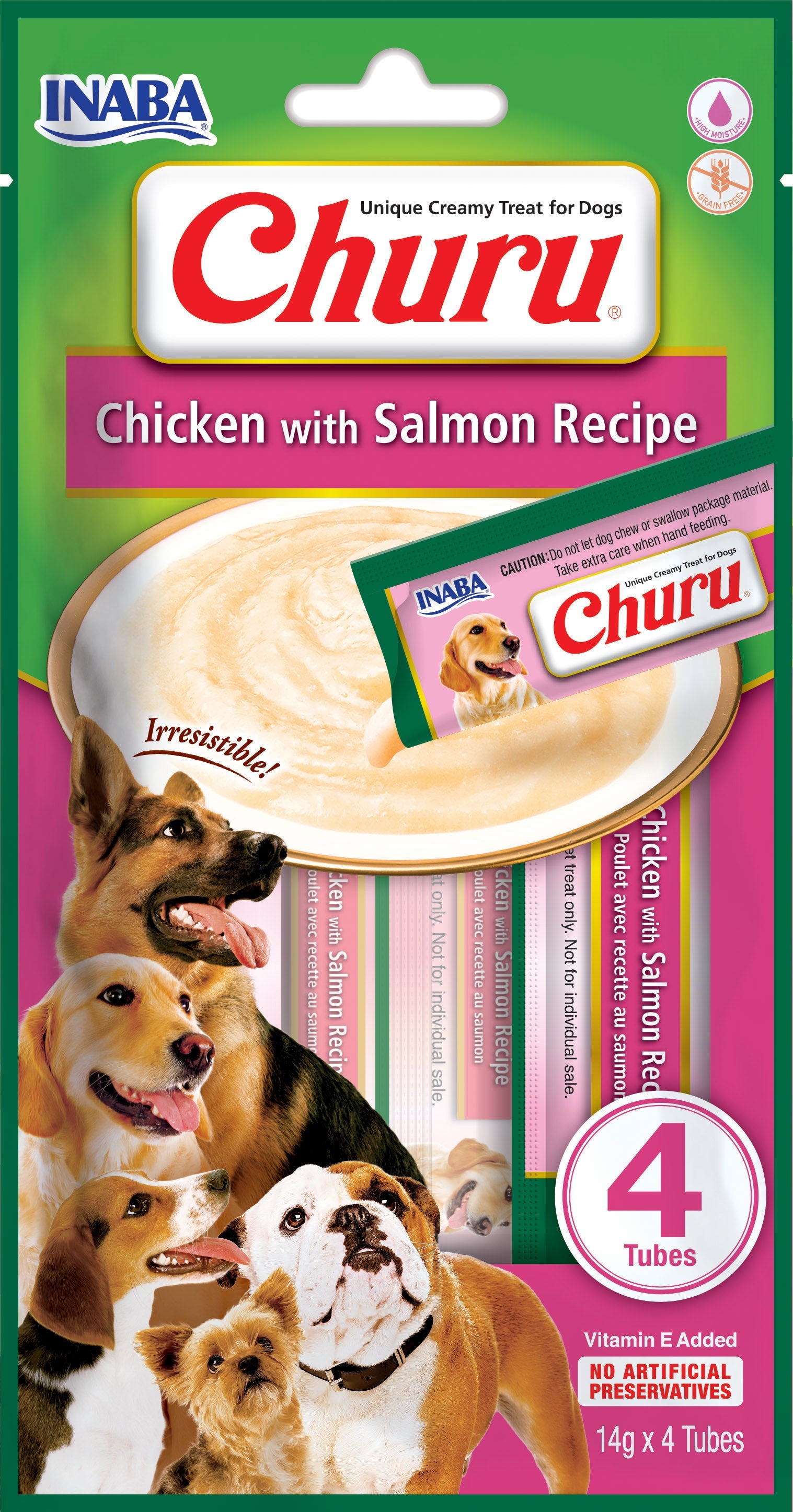 Front View of Ciao Churu 4 & 8 Pack Dog Treat - Chicken with Salmon Recipe - 4 x 14g & 8 x 20g