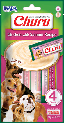 Front View of Ciao Churu 4 & 8 Pack Dog Treat - Chicken with Salmon Recipe - 4 x 14g & 8 x 20g