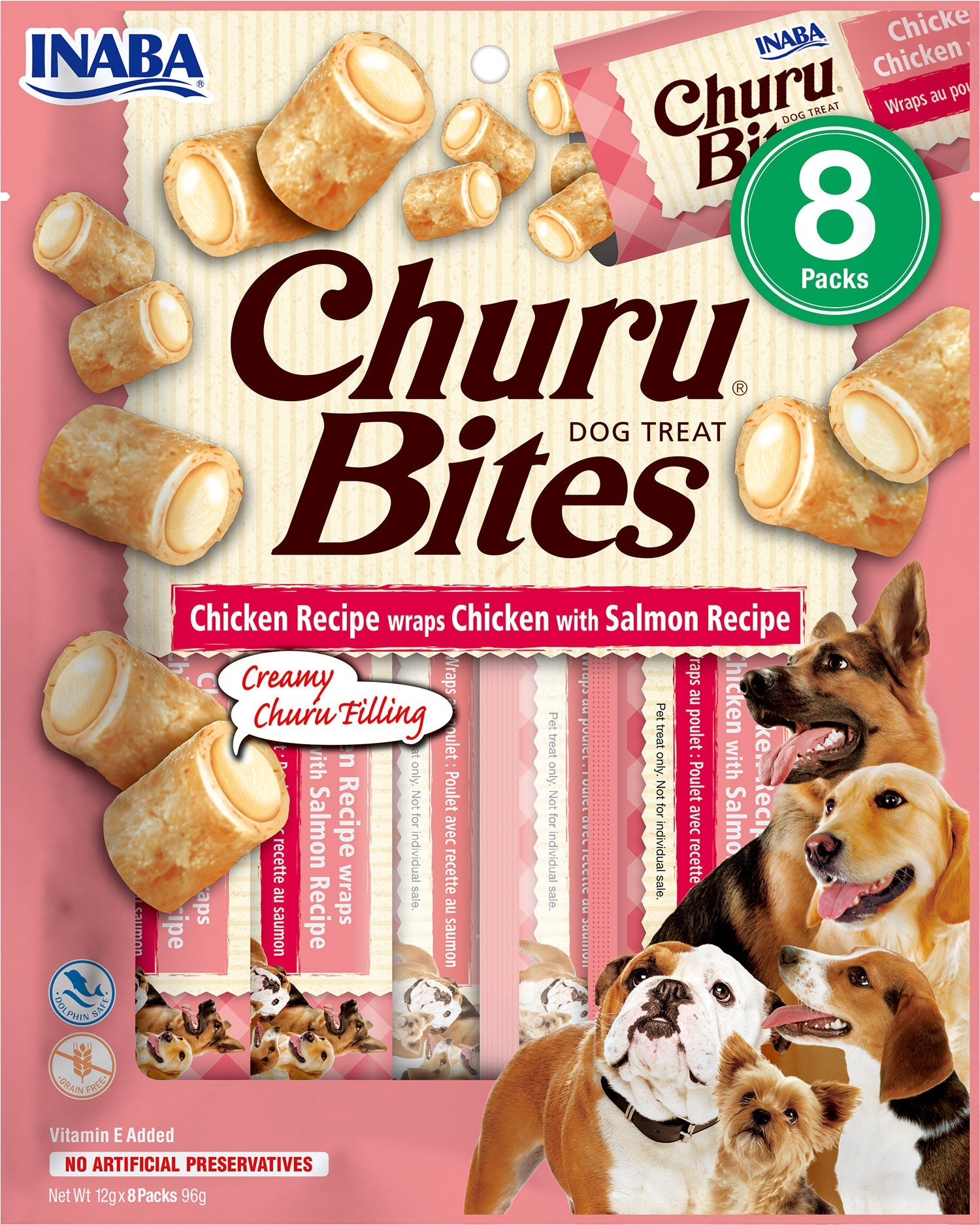 Front View of Ciao Churu Bites 8 Pack Dog Treat - Chicken Recipe wraps Chicken with Salmon Recipe - 8 x 12g