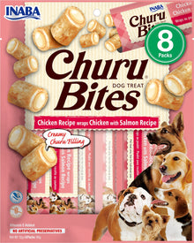 Front View of Ciao Churu Bites 8 Pack Dog Treat - Chicken Recipe wraps Chicken with Salmon Recipe - 8 x 12g
