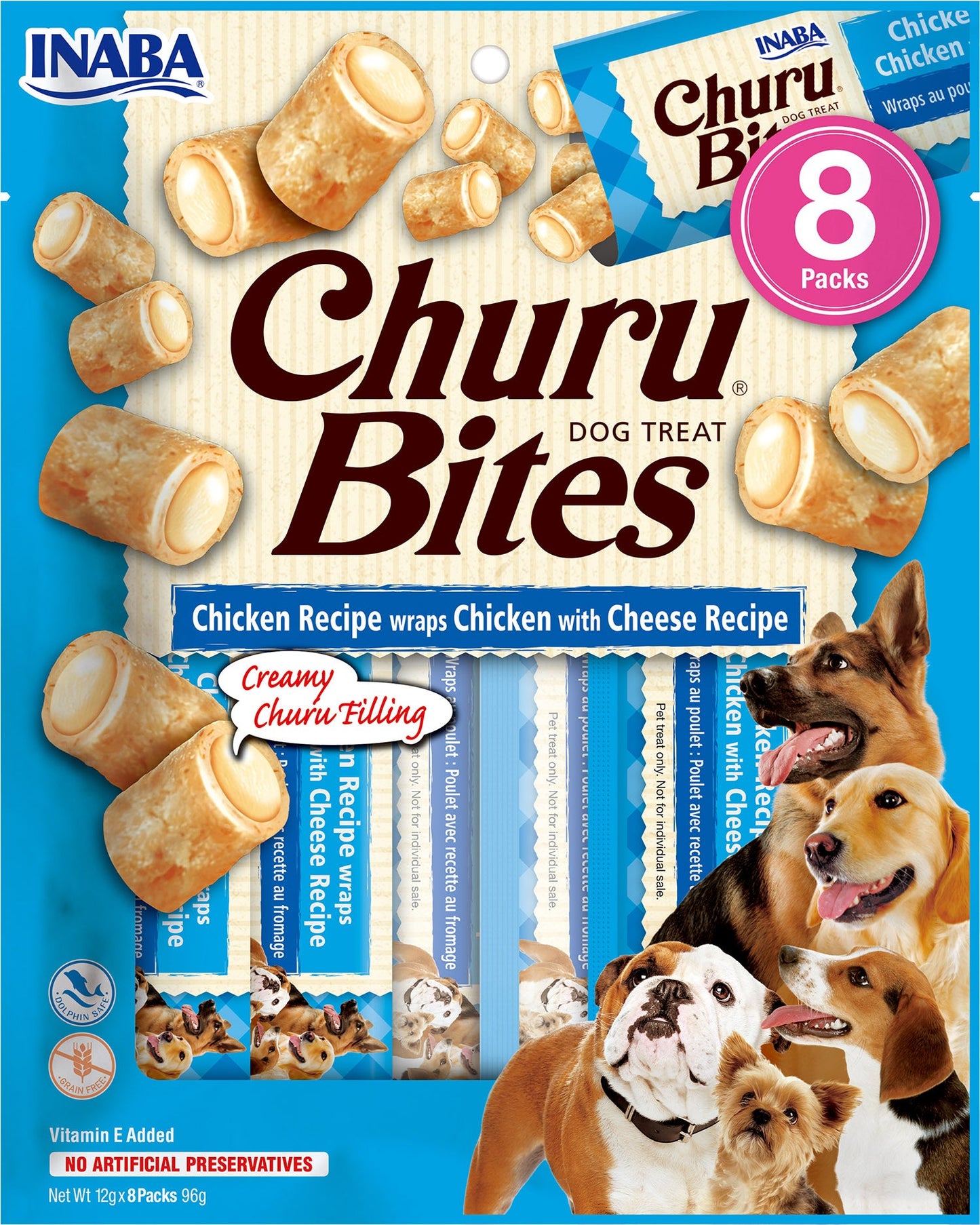 Front View of Ciao Churu Bites 8 Pack Dog Treat - Chicken Recipe wraps Chicken with Cheese Recipe - 8 x 12g