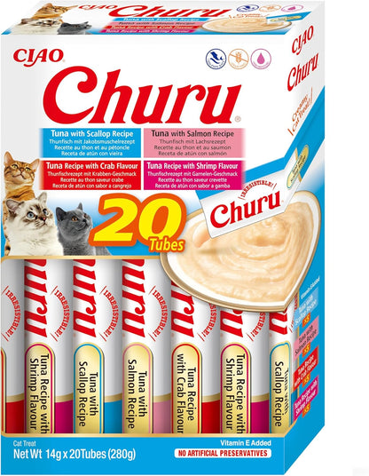 Front View of Ciao Churu 20 Pack Box Cat Treat - Tuna Seafood Variety - 20 x 14g