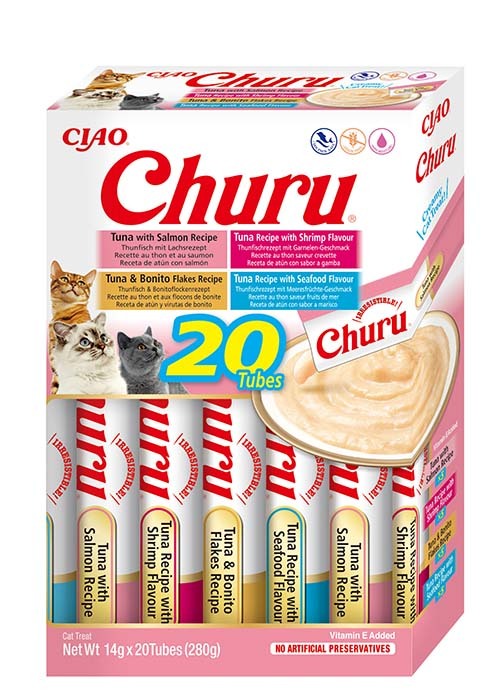 Front View of Ciao Churu 20 Pack Box Cat Treat - Seafood Variety - 20 x 14g