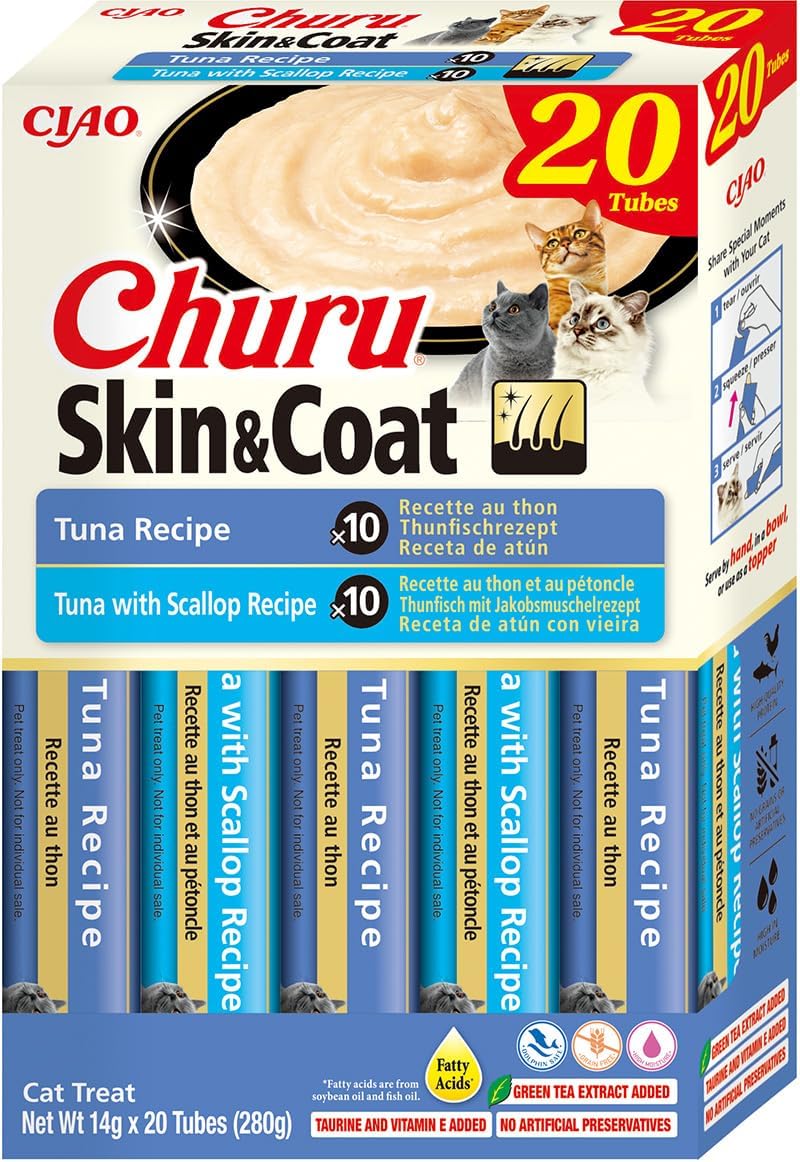 Front View of Ciao Churu Skin & Coat 20 Pack Cat Treat - Tuna Variety - 20 x 14g