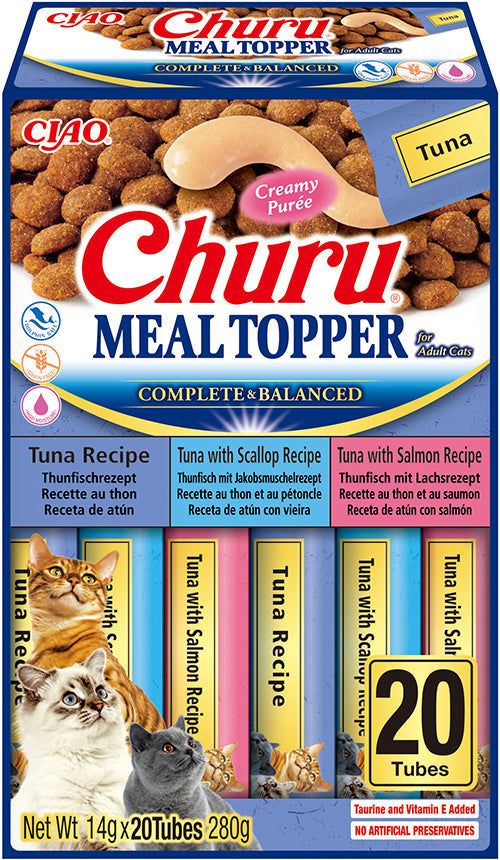 Front View of Ciao Churu 20 Pack Meal Topper for Adult Cats - Tuna Variety - 20 x 14g