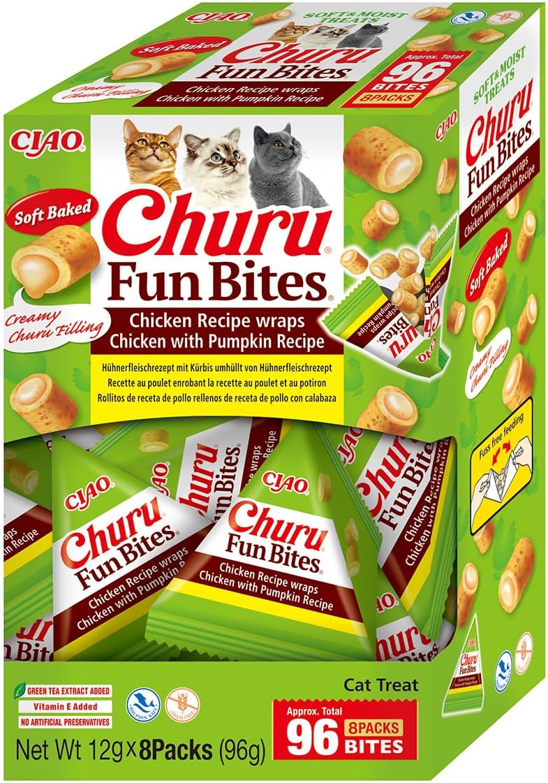 Front View of Ciao Churu Fun Bites Cat Treat - Chicken Recipe Wraps Chicken with Pumpkin Recipe - 8 x 12g