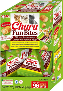 Front View of Ciao Churu Fun Bites Cat Treat - Chicken Recipe Wraps Chicken with Pumpkin Recipe - 8 x 12g
