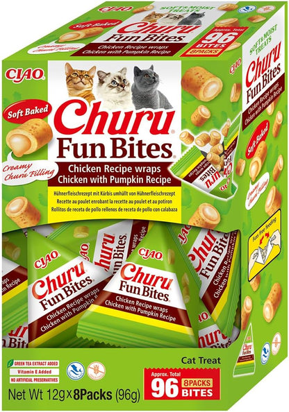 Front View of Ciao Churu Fun Bites Cat Treat - Chicken Recipe Wraps Chicken with Pumpkin Recipe - 8 x 12g