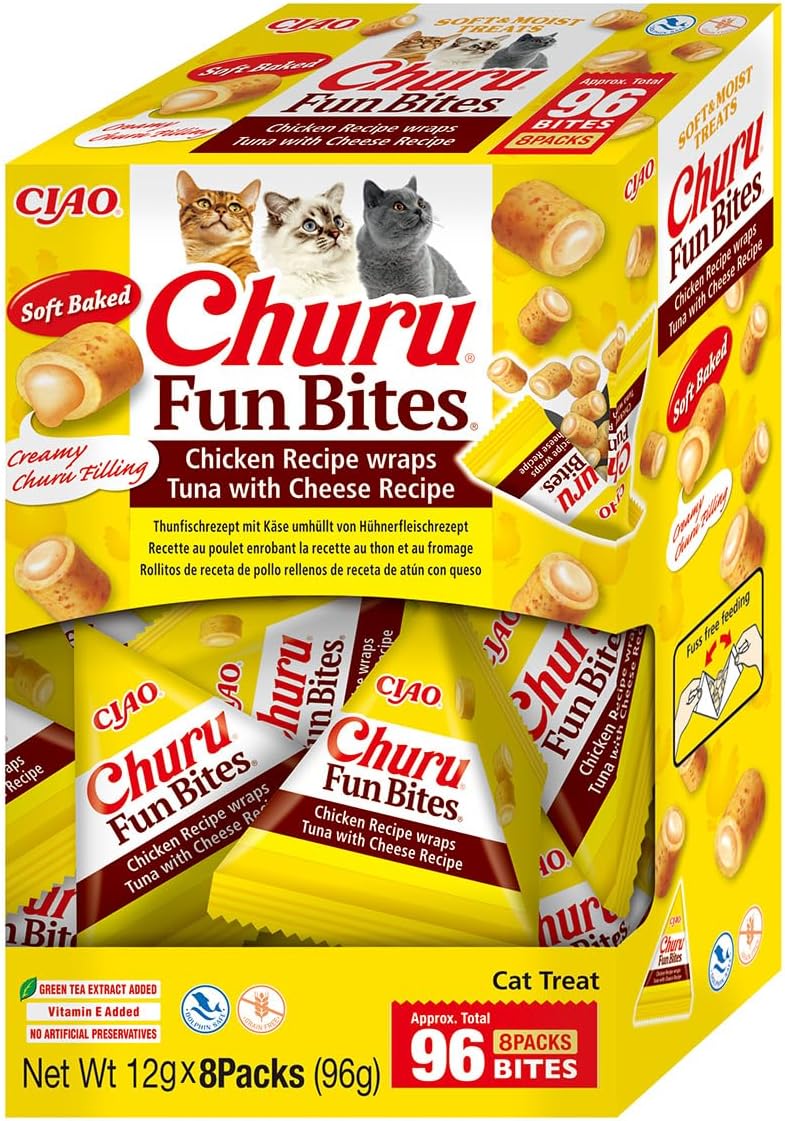 Front View of Ciao Churu Fun Bites Cat Treat - Chicken Recipe Wraps Tuna with Cheese Recipe - 8 x 12g