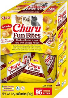 Front View of Ciao Churu Fun Bites Cat Treat - Chicken Recipe Wraps Tuna with Cheese Recipe - 8 x 12g