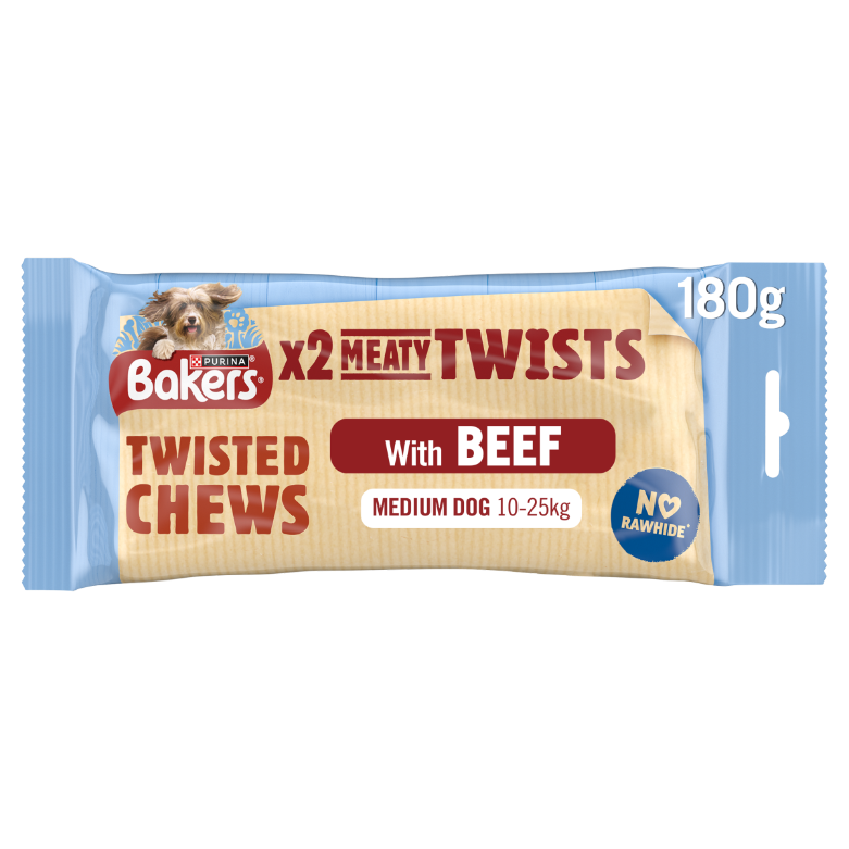 Front View of Bakers Meaty Twists Medium Dog Treats with Beef - 180g