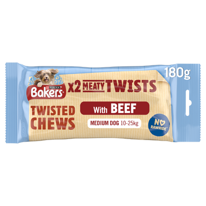 Front View of Bakers Meaty Twists Medium Dog Treats with Beef - 180g