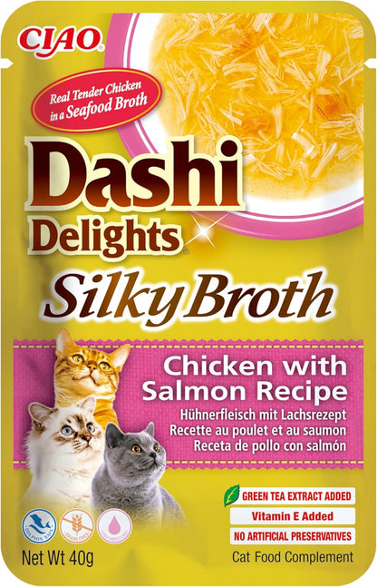Front View of Ciao Dashi Delights Silky Broth Wet Cat Food - Chicken with Salmon Recipe - 40 g