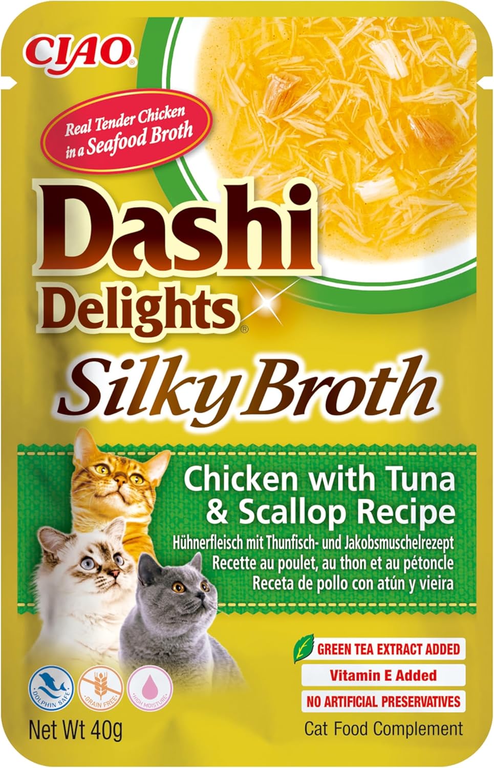 Front View of Ciao Dashi Delights Silky Broth Wet Cat Food - Chicken with Tuna & Scallop Recipe - 40 g