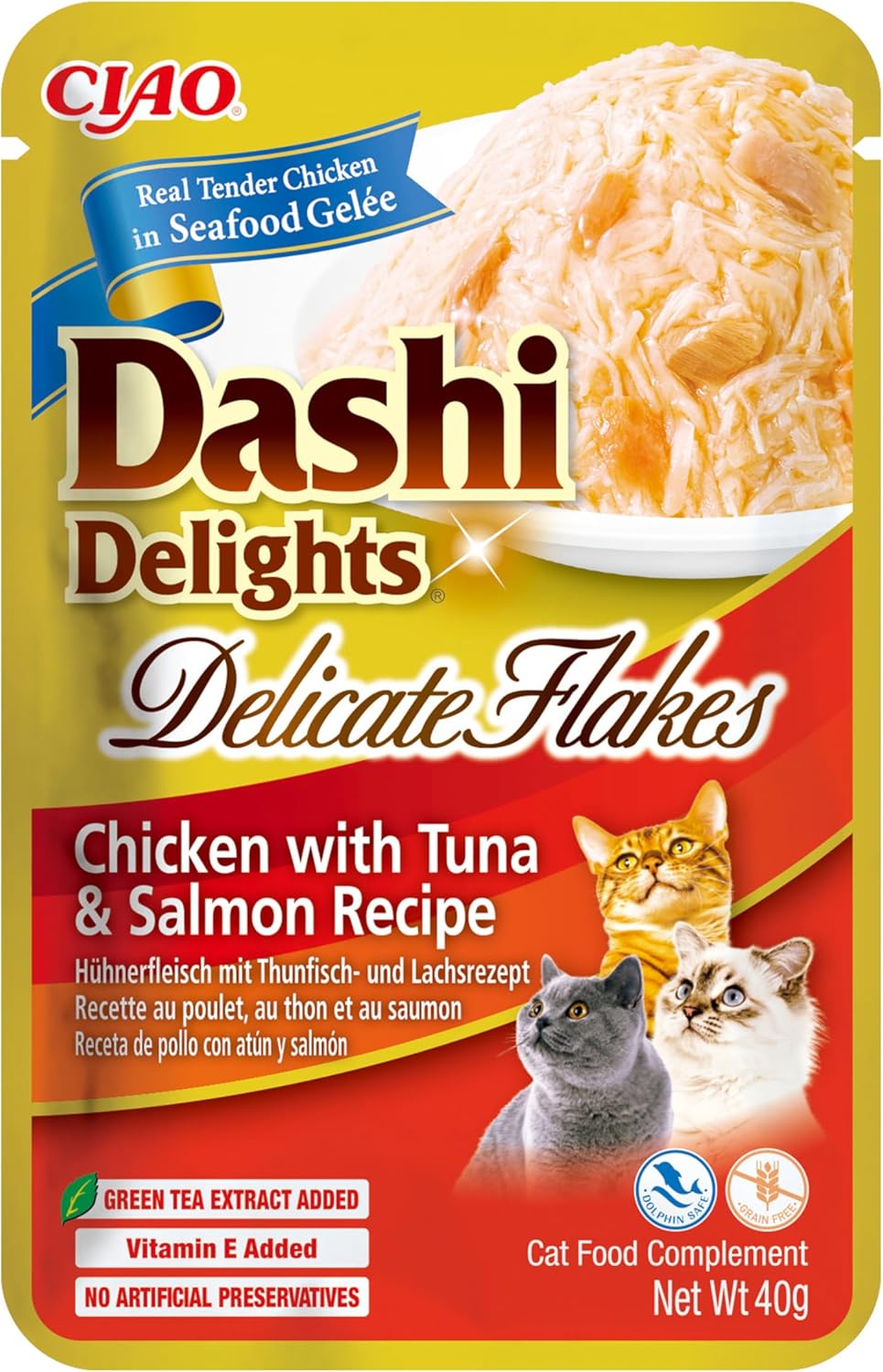 Front View of Ciao Dashi Delights Delicate Flakes Wet Cat Food - Chicken with Tuna & Salmon Recipe - 40 g