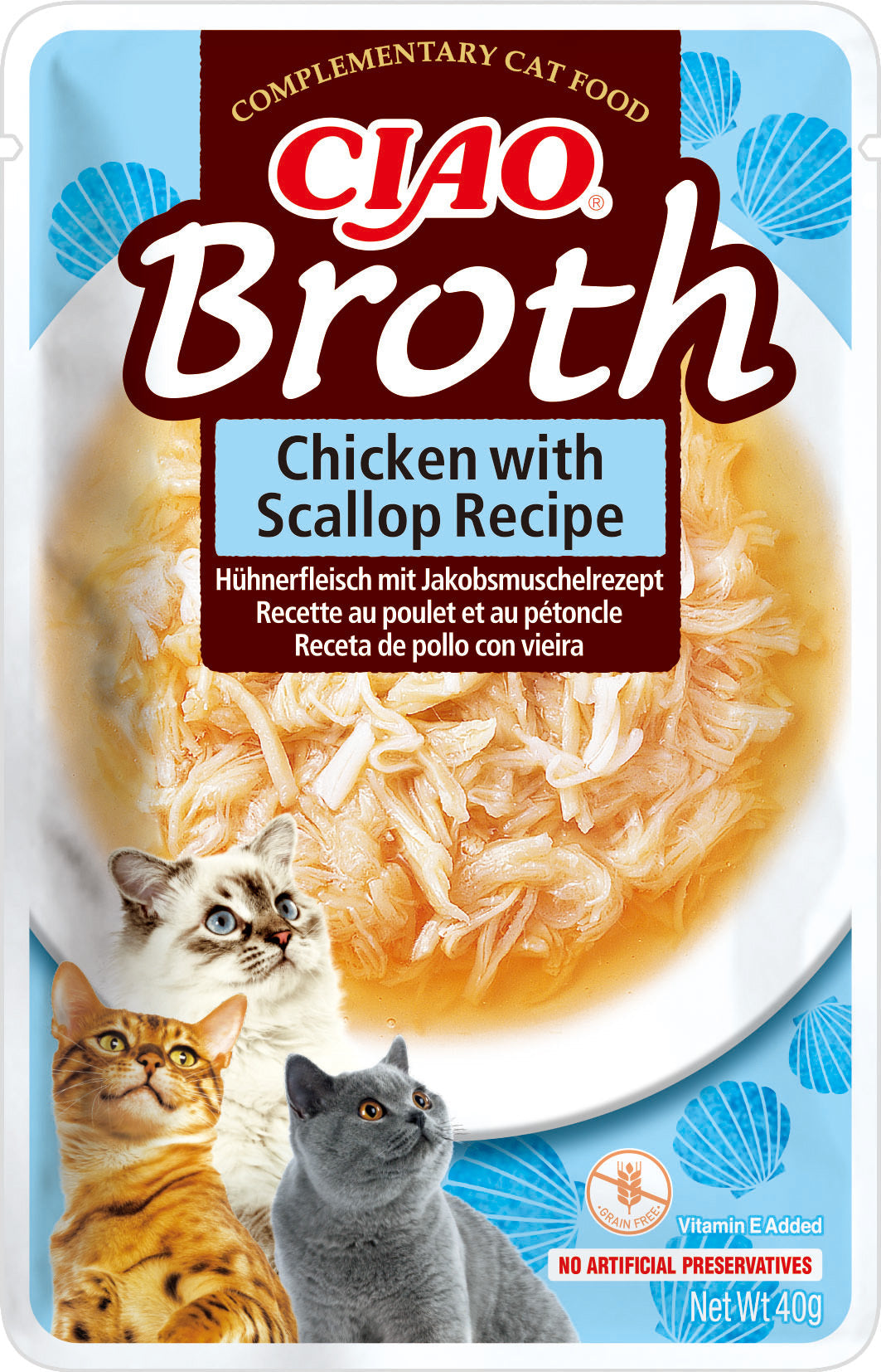 Front View of Ciao Broth Wet Cat Food - Chicken with Scallop Recipe - 40 g