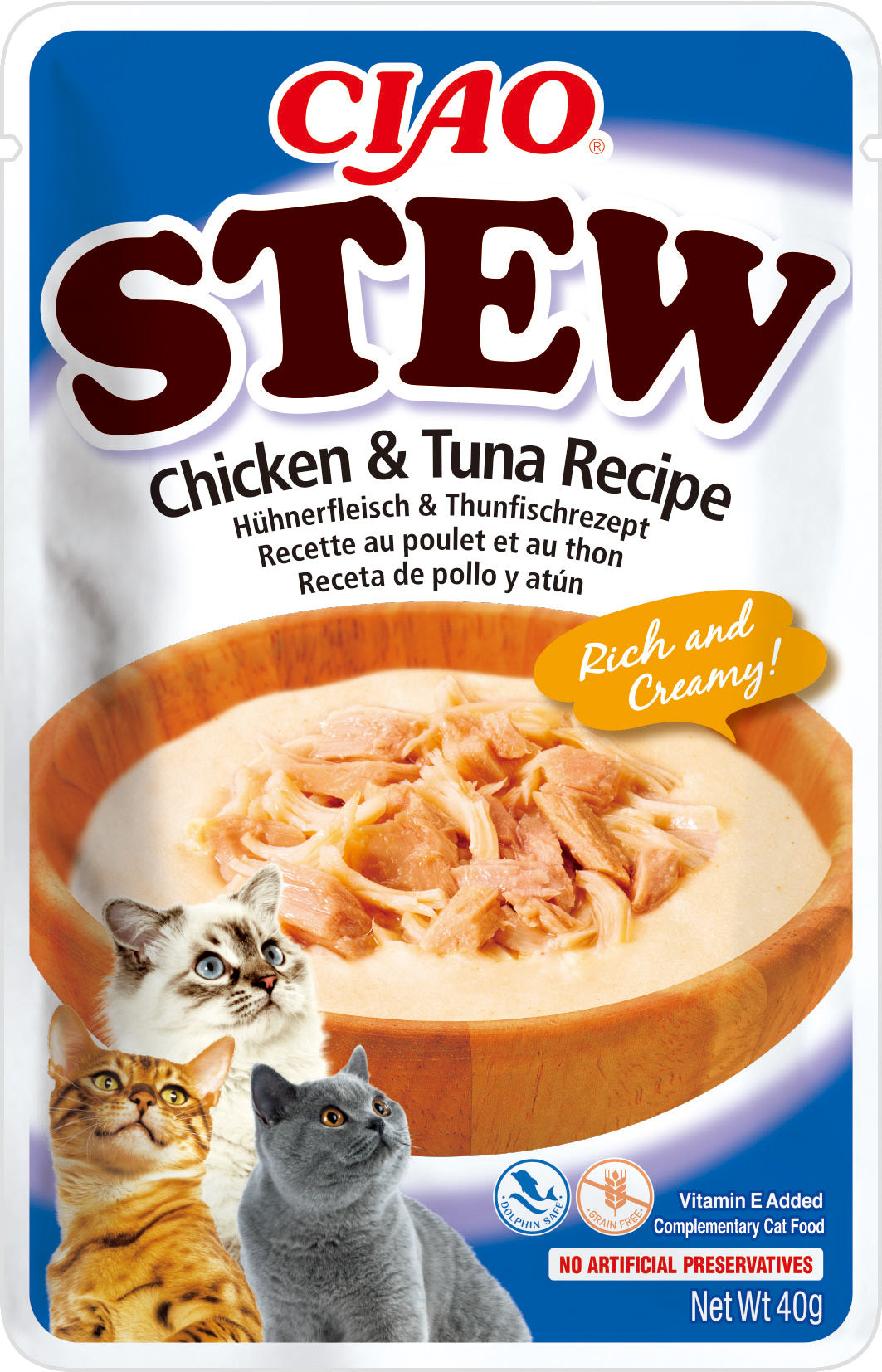 Front View of Ciao Stew Wet Cat Food - Chicken & Tuna Recipe - 40 g