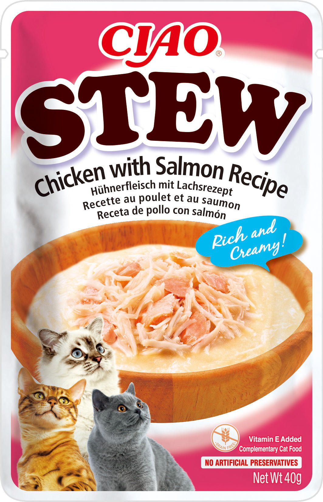 Front View of Ciao Stew Wet Cat Food - Chicken with Salmon Recipe - 40 g