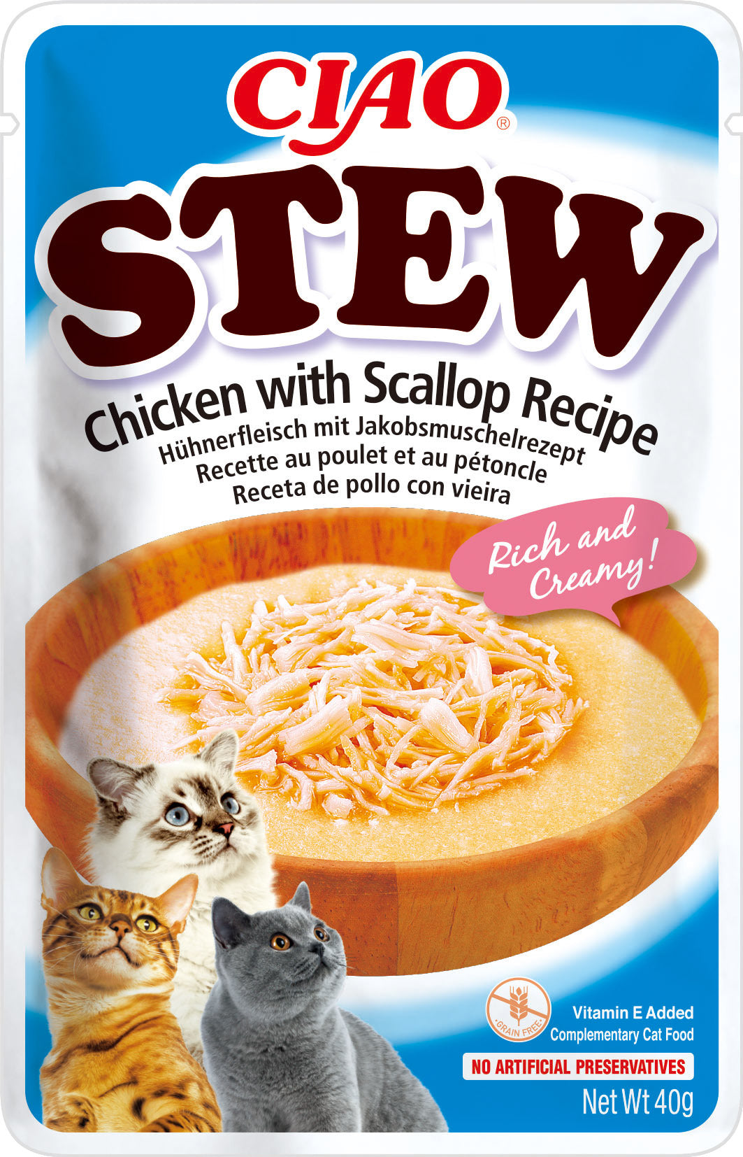 Front View of Ciao Stew Wet Cat Food - Chicken with Scallop Recipe - 40 g