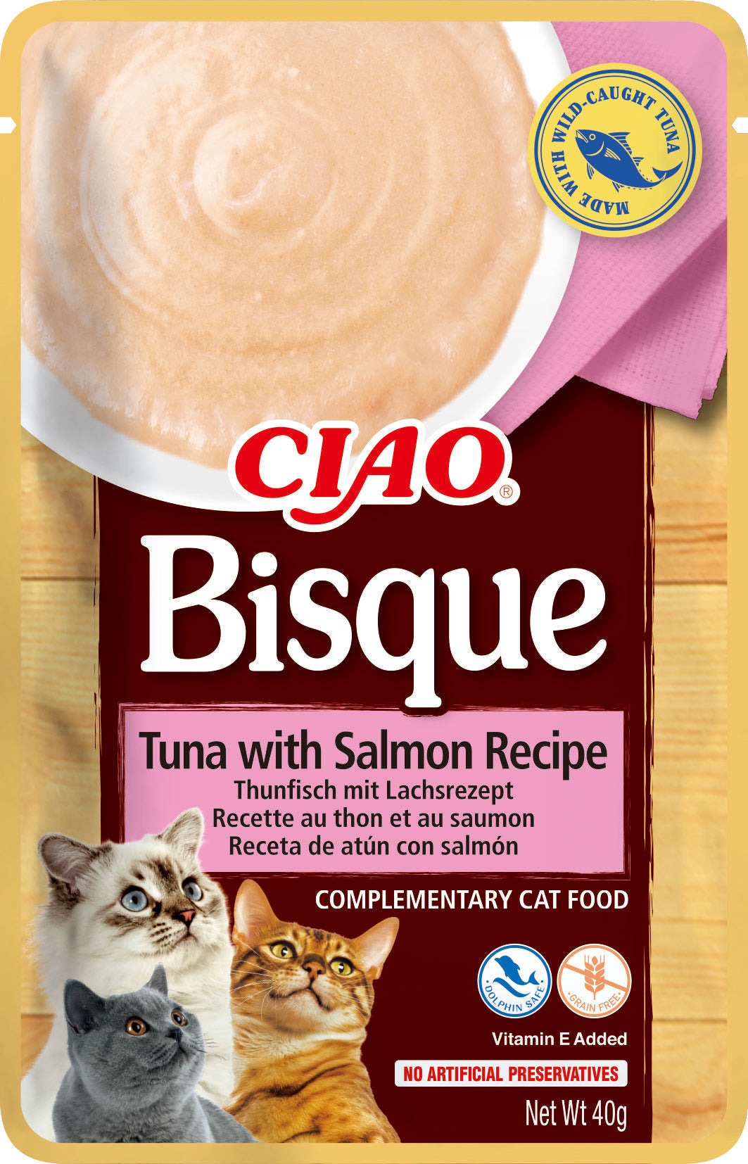Front View of Ciao Bisque Wet Cat Food - Tuna with Salmon Recipe - 40 g