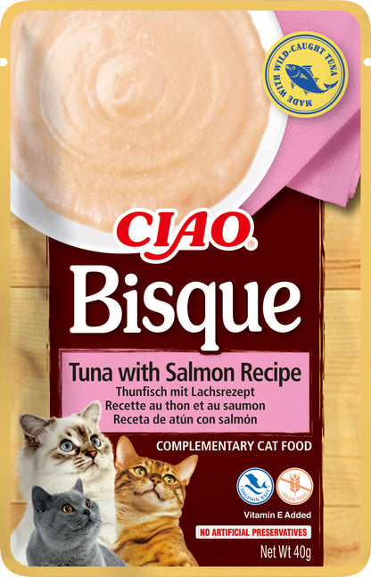 Front View of Ciao Bisque Wet Cat Food - Tuna with Salmon Recipe - 40 g